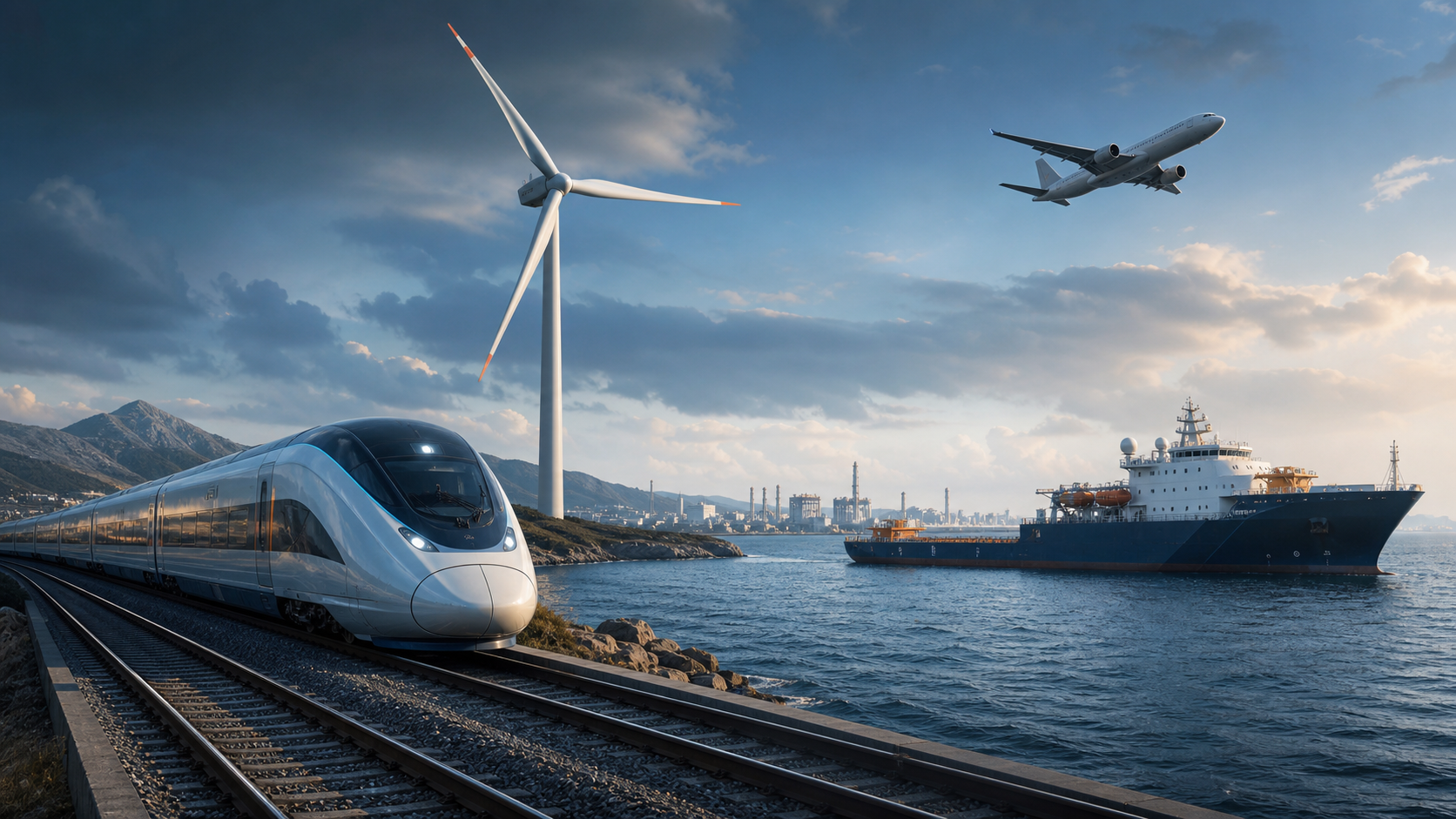 High-speed train, wind turbine, airplane and advanced ship representing complex high-technology systems