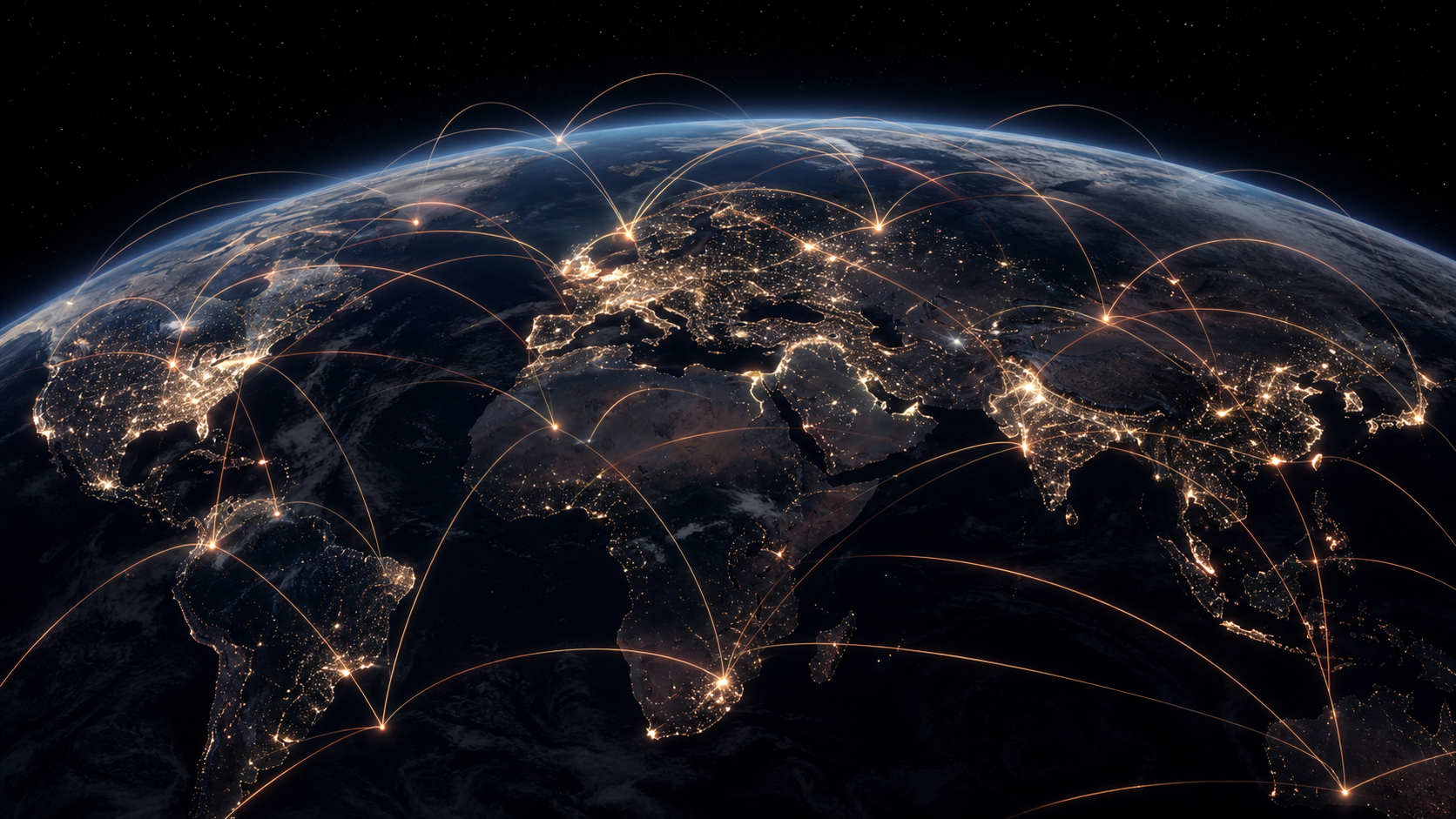 Satellite view of the Earth at night with illuminated connections between major cities