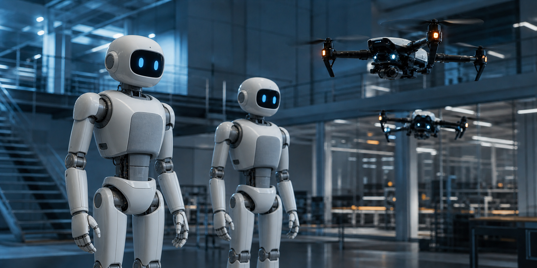 Friendly humanoid robots and autonomous drones in a robotics laboratory