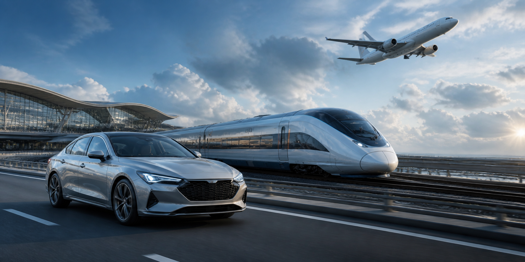 Car, high-speed train and passenger aircraft representing transport industries